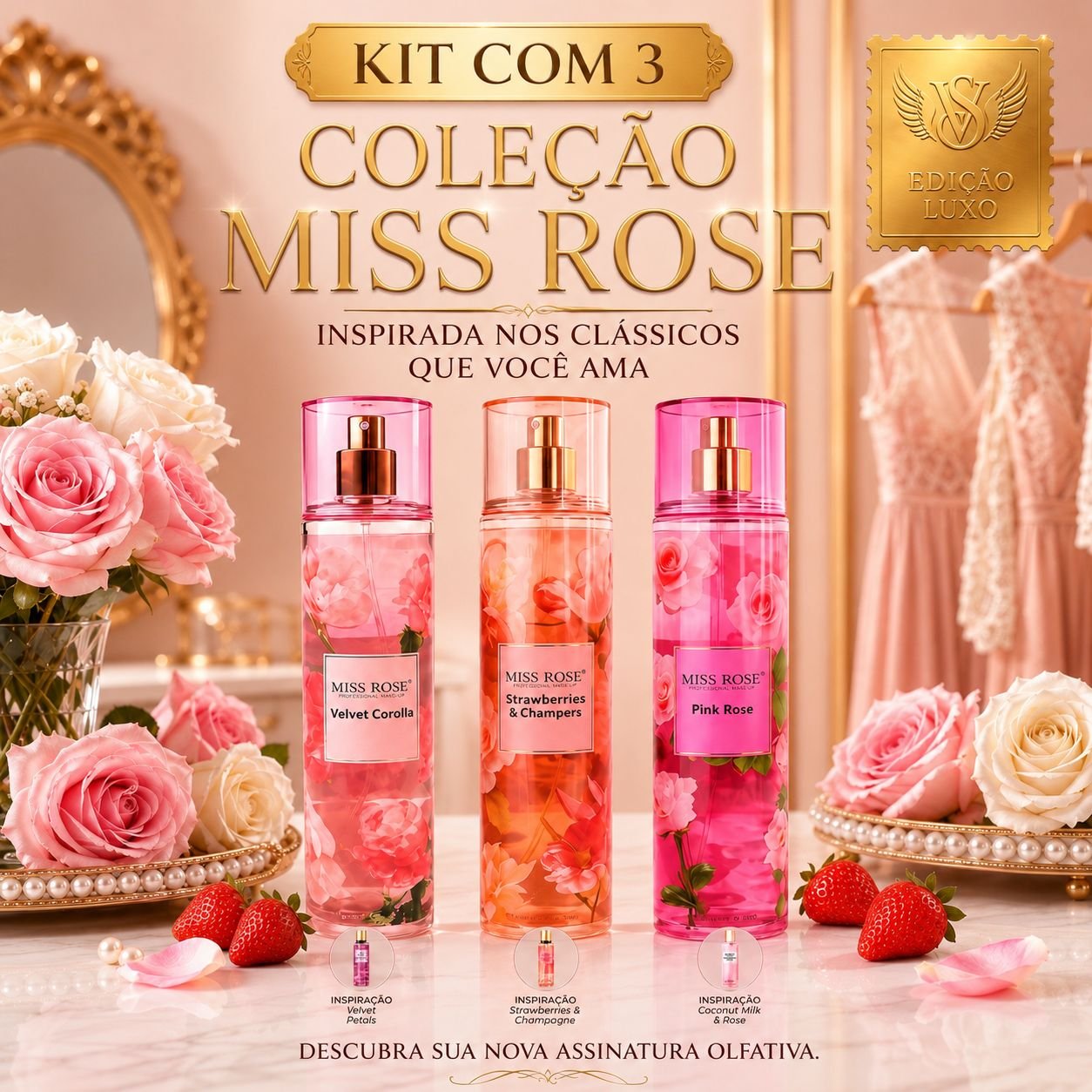 Kit com 3 Body Splash da Miss Rôse